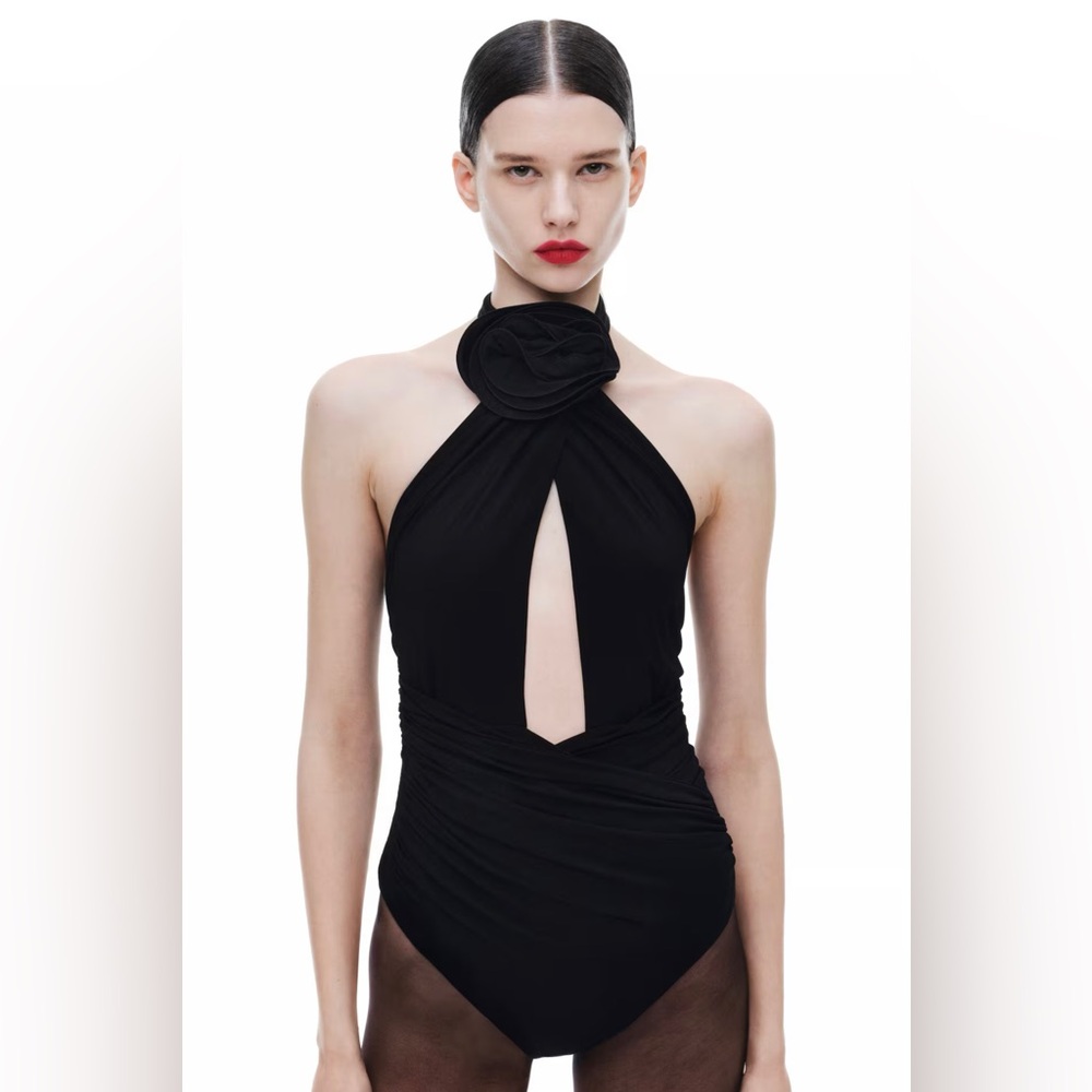 NEW H&M HM h m MAGDA BUTRYM Rose Appliqué Cut Out Bodysuit black Size Medium M